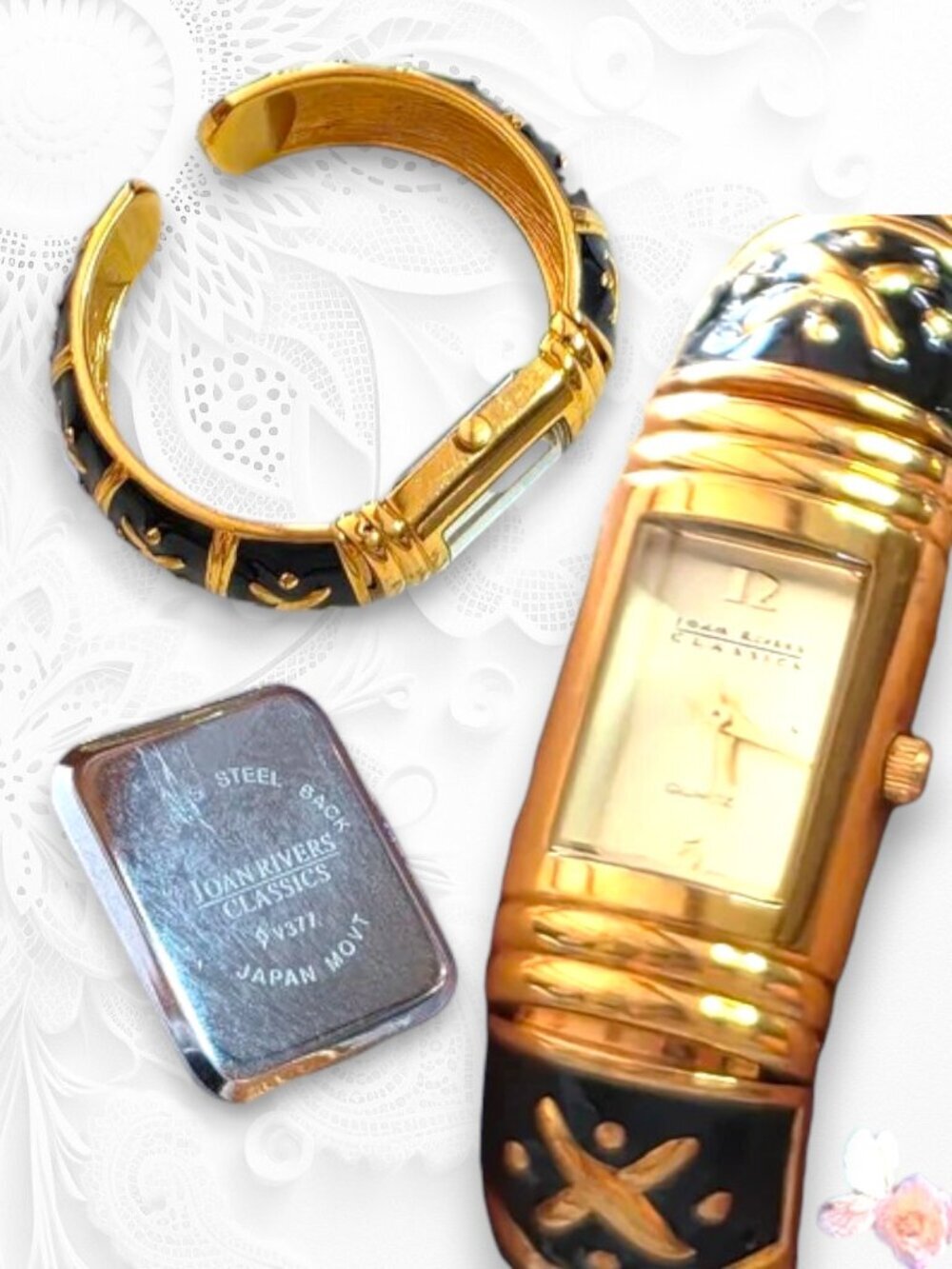 Joan Rivers Gold Black Enamel Bangle Watch Bracelet Vintage Statement WORKS